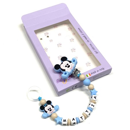 Babyjart Chaîne de tétine PRESTIGE MICKEY MOUSE en silicone avec nom, crochet/adaptateur de tétine MAM et CHICCO