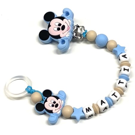 Babyjart Cadena PRESTIGE MICKEY MOUSE de silicona para chupete con nombre, gancho/adaptador para chupete mam y modelo de chicco