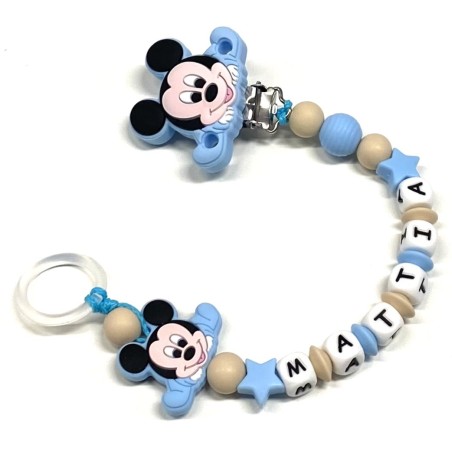 Babyjart silicone dummy chain PRESTIGE MICKEY MOUSE with name, hook/adapter pacifier MAM and CHICCO