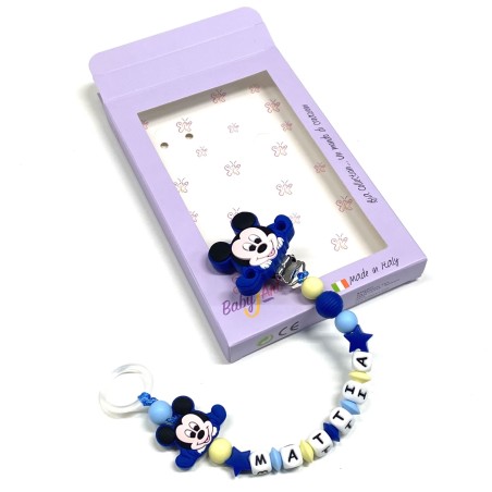 Babyjart Cadena PRESTIGE MICKEY MOUSE de silicona para chupete con nombre, gancho/adaptador para chupete mam y modelo de chicco