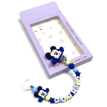Babyjart silicone dummy chain PRESTIGE MICKEY MOUSE with name, hook/adapter pacifier MAM and CHICCO