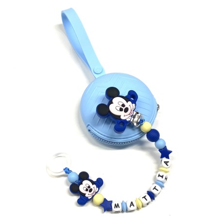 Babyjart Cadena PRESTIGE MICKEY MOUSE de silicona para chupete con nombre, gancho/adaptador para chupete mam y modelo de chicco