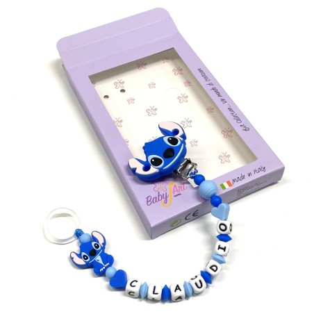 Babyjart Chaîne de tétine PRESTIGE STITCH en silicone avec nom, crochet/adaptateur de tétine MAM et CHICCO