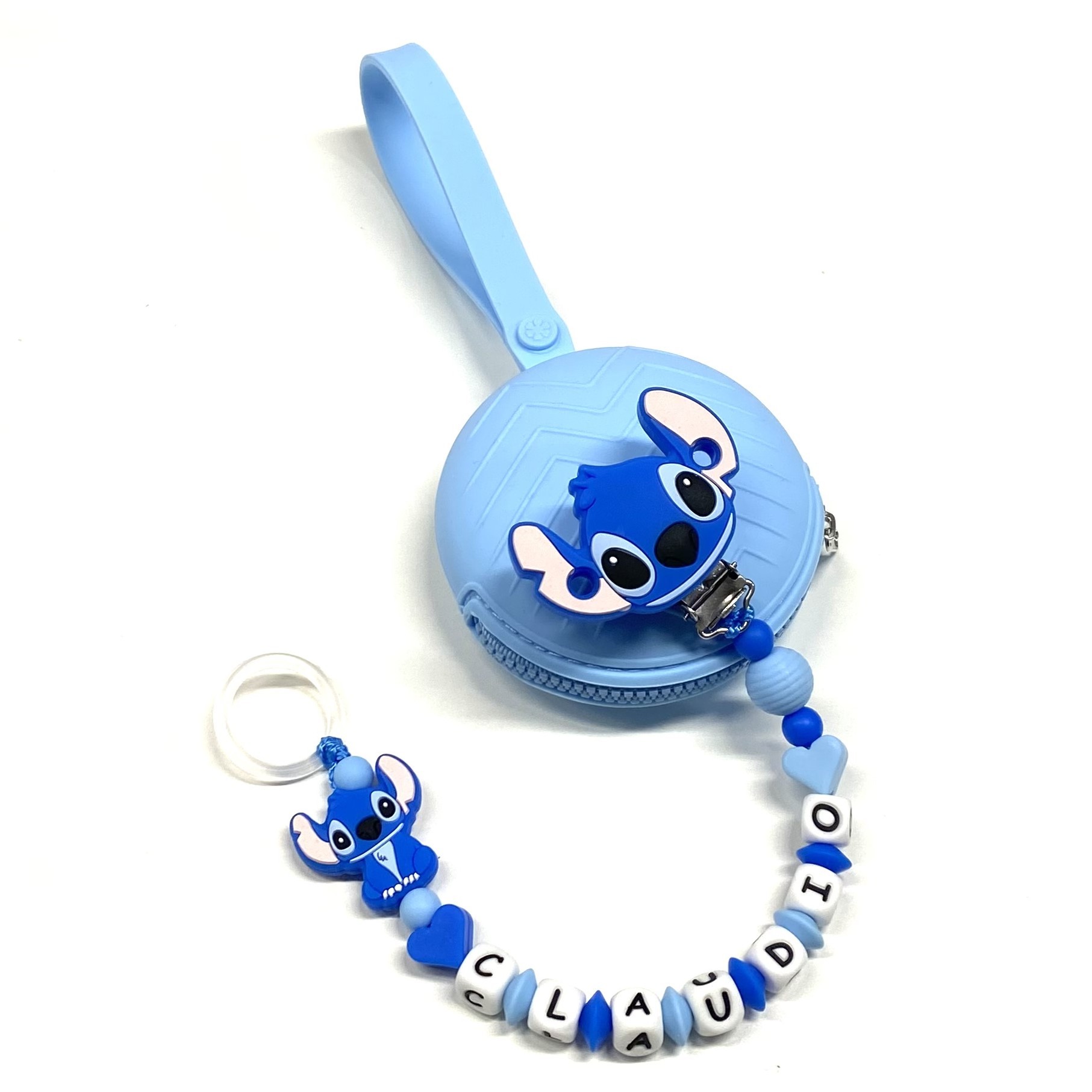 Babyjart silicone dummy chain PRESTIGE STITCH with name, hook/adapter  pacifier MAM and CHICCO