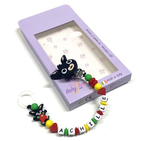 Babyjart silicone dummy chain PRESTIGE BING with name, hook/adapter pacifier MAM and CHICCO