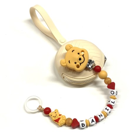 Babyjart silicone dummy chain PRESTIGE WINNIE with name, hook/adapter pacifier MAM and CHICCO