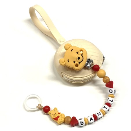 Babyjart Silikonschnullerkette PRESTIGE WINNIE mit Name, Haken/Adapter Schnuller MAM und CHICCO