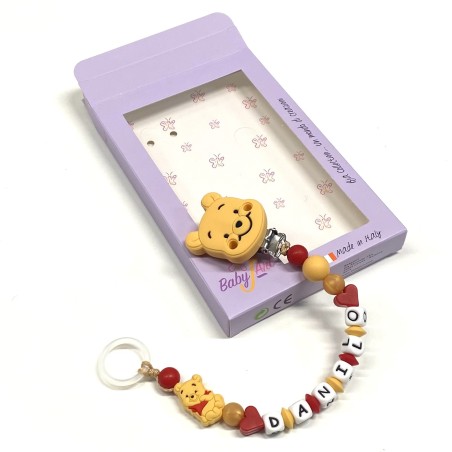 Babyjart Chaîne de tétine PRESTIGE WINNIE en silicone avec nom, crochet/adaptateur de tétine MAM et CHICCO