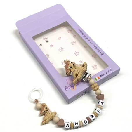 Babyjart Silikonschnullerkette PRESTIGE BAMBI mit Name, Haken/Adapter Schnuller MAM und CHICCO