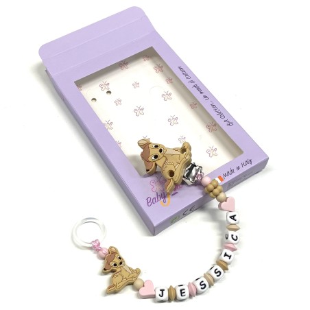 Babyjart Silikonschnullerkette PRESTIGE BAMBI mit Name, Haken/Adapter Schnuller MAM und CHICCO