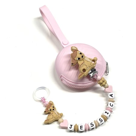 Babyjart Silikonschnullerkette PRESTIGE BAMBI mit Name, Haken/Adapter Schnuller MAM und CHICCO