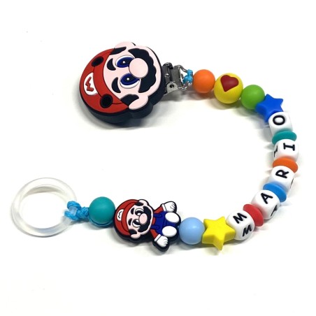 Babyjart Catenella portaciuccio PRESTIGE SUPER MARIOin silicone con nome, gancio/adattatore ciuccio MAM e CHICCO