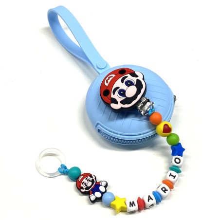 Babyjart Catenella portaciuccio PRESTIGE SUPER MARIOin silicone con nome, gancio/adattatore ciuccio MAM e CHICCO