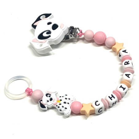 Babyjart Chaîne de tétine PRESTIGE DALMATIEN en silicone avec nom, crochet/adaptateur de tétine MAM et CHICCO