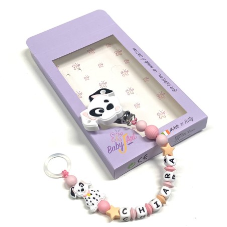 Babyjart Chaîne de tétine PRESTIGE DALMATIEN en silicone avec nom, crochet/adaptateur de tétine MAM et CHICCO