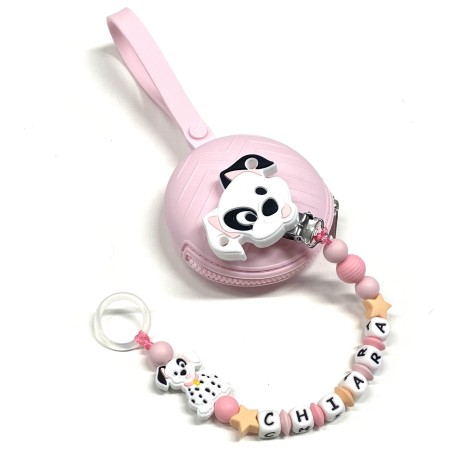 Babyjart Chaîne de tétine PRESTIGE DALMATIEN en silicone avec nom, crochet/adaptateur de tétine MAM et CHICCO