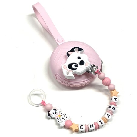 Babyjart silicone dummy chain PRESTIGE DALMATIAN with name, hook/adapter pacifier MAM and CHICCO
