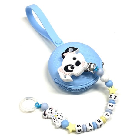 Babyjart Cadeia de chupeta PRESTIGE DALMATA de silicone com nome, adaptador/gancho de chupeta MAM e modelo CHICCO