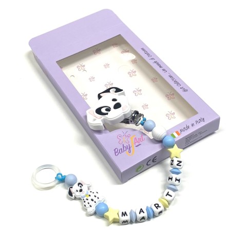 Babyjart Catenella portaciuccio PRESTIGE DALMATA in silicone con nome, gancio/adattatore ciuccio MAM e CHICCO