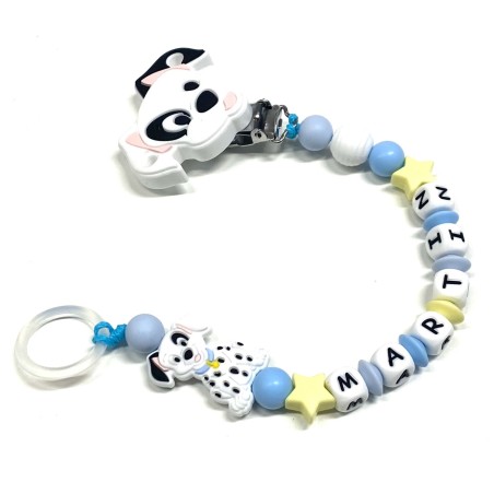 Babyjart Catenella portaciuccio PRESTIGE DALMATA in silicone con nome, gancio/adattatore ciuccio MAM e CHICCO