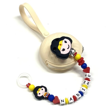 Babyjart silicone dummy chain PRESTIGE WONDERWOMAN with name, hook/adapter pacifier MAM and CHICCO