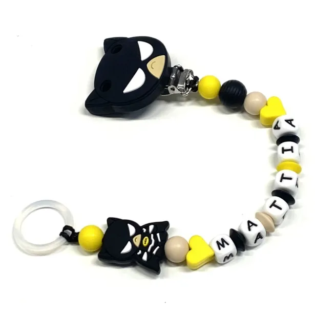 Babyjart Silikonschnullerkette PRESTIGE BATMAN mit Name, Haken/Adapter Schnuller MAM und CHICCO