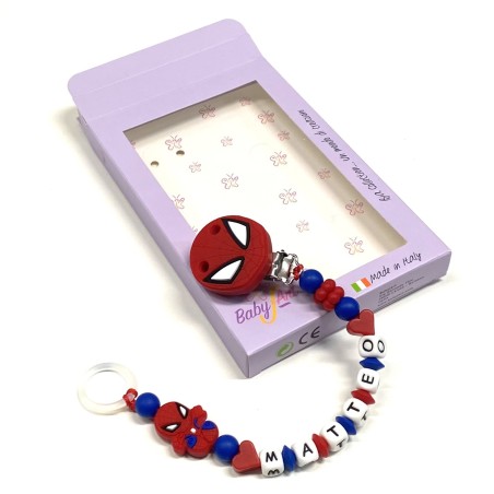 Babyjart Chaîne de tétine PRESTIGE SPIDERMAN en silicone avec nom, crochet/adaptateur de tétine MAM et CHICCO