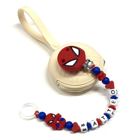 Babyjart Chaîne de tétine PRESTIGE SPIDERMAN en silicone avec nom, crochet/adaptateur de tétine MAM et CHICCO