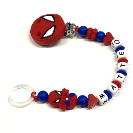 Babyjart Cadena PRESTIGE SPIDERMAN de silicona para chupete con nombre, gancho/adaptador para chupete mam y modelo de chicco