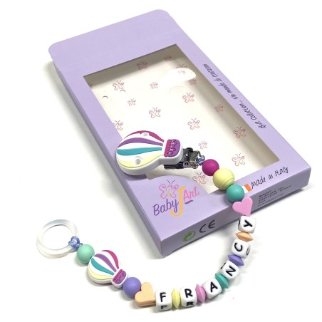 Babyjart Chaîne de tétine PRESTIGE MONTGOLFIÈRE en silicone avec nom, crochet/adaptateur de tétine MAM et CHICCO