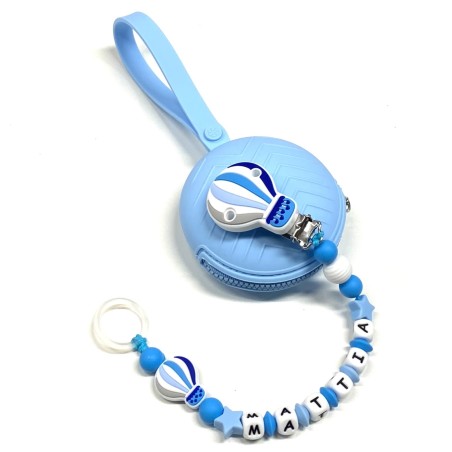 Babyjart Catenella portaciuccio PRESTIGE MONGOLFIERA in silicone con nome, gancio/adattatore ciuccio MAM e CHICCO