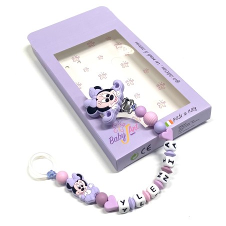 Babyjart Catenella portaciuccio PRESTIGE MINNIE in silicone con nome, gancio/adattatore ciuccio MAM e CHICCO