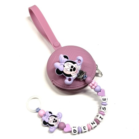 Babyjart Cadeia de chupeta PRESTIGE MINNIE de silicone com nome, adaptador / gancho de chupeta MAM e modelo CHICCO