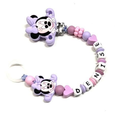 Babyjart Cadeia de chupeta PRESTIGE MINNIE de silicone com nome, adaptador / gancho de chupeta MAM e modelo CHICCO