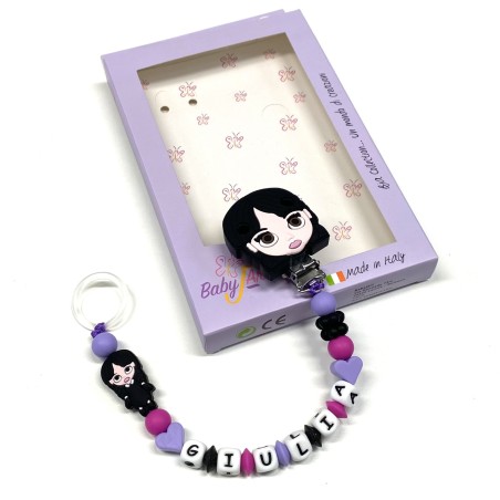 Babyjart silicone dummy chain PRESTIGE WEDNESDAY ADDAMS with name, hook/adapter pacifier MAM and CHICCO