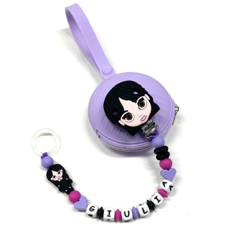 Babyjart Catenella portaciuccio PRESTIGE MERCOLEDI ADDAMS in silicone con nome, gancio/adattatore ciuccio MAM e CHICCO