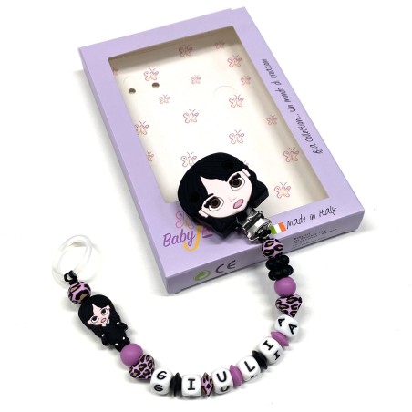 Babyjart silicone dummy chain PRESTIGE WEDNESDAY ADDAMS with name, hook/adapter pacifier MAM and CHICCO