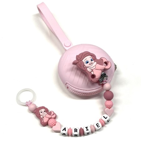 Babyjart Chaîne de tétine PRESTIGE ARIEL LA PETITE SIRèNE en silicone avec nom, crochet/adaptateur de tétine MAM et CHICCO