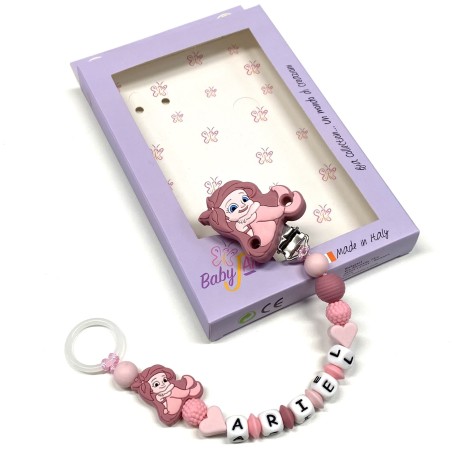 Babyjart Cadeia de chupeta PRESTIGE ARIEL A PEQUENA SEREIA  de silicone com nome, adaptador de chupeta MAM e modelo CHICCO