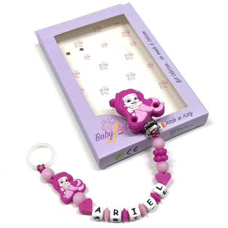 Babyjart Chaîne de tétine PRESTIGE ARIEL LA PETITE SIRèNE en silicone avec nom, crochet/adaptateur de tétine MAM et CHICCO