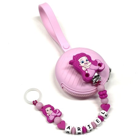 Babyjart Catenella portaciuccio PRESTIGE ARIEL LA SIRENETTA in silicone con nome, gancio/adattatore ciuccio MAM e CHICCO