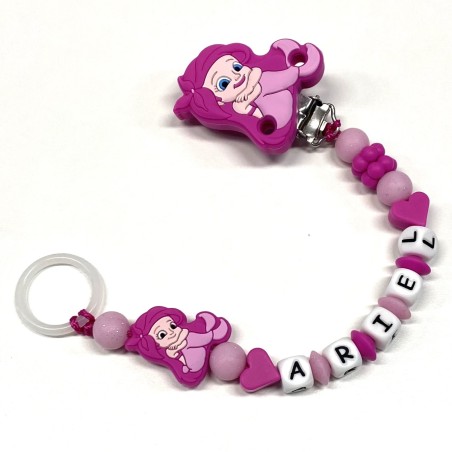 Babyjart Cadena PRESTIGE ARIEL LA SIRENITA de silicona para chupete con nombre, adaptador para chupete mam y modelo de chicco