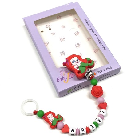 Babyjart Chaîne de tétine PRESTIGE ARIEL LA PETITE SIRèNE en silicone avec nom, crochet/adaptateur de tétine MAM et CHICCO