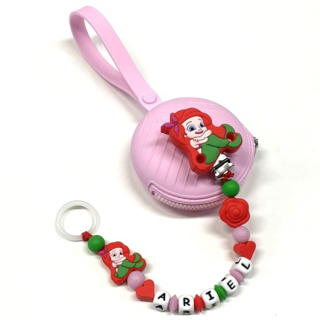 Babyjart Catenella portaciuccio PRESTIGE ARIEL LA SIRENETTA in silicone con nome, gancio/adattatore ciuccio MAM e CHICCO