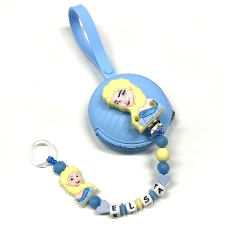 Babyjart Catenella portaciuccio PRESTIGE ELSA FROZEN in silicone con nome, gancio/adattatore ciuccio MAM e CHICCO