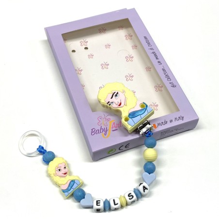 copy of Babyjart silicone dummy chain PRESTIGE ELSA FROZEN with name, hook/adapter pacifier MAM and CHICCO