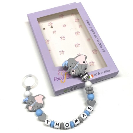 Babyjart silicone dummy chain PRESTIGE DUMBO with name, hook/adapter pacifier MAM and CHICCO