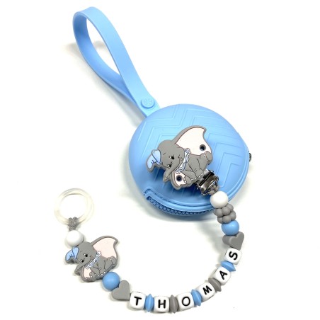 Babyjart Catenella portaciuccio PRESTIGE DUMBO in silicone con nome, gancio/adattatore ciuccio MAM e CHICCO