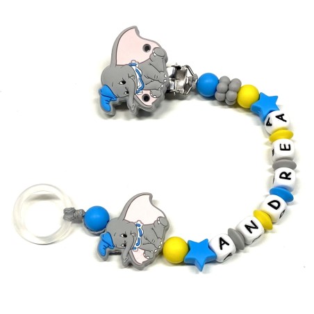 Babyjart Catenella portaciuccio PRESTIGE DUMBO in silicone con nome, gancio/adattatore ciuccio MAM e CHICCO