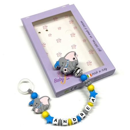 Babyjart Silikonschnullerkette PRESTIGE DUMBO mit Name, Haken/Adapter Schnuller MAM und CHICCO